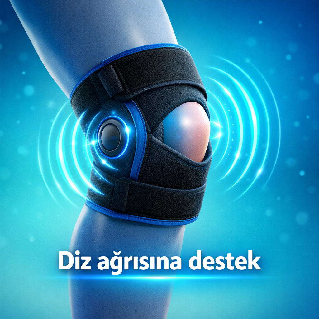 manyetik diz bandı diz üzerinde takılı mavi-tukuvaz manyetik alan çizgileriyle destek sağlıyor, diz ağrısını hafifletmeye yardımcı.