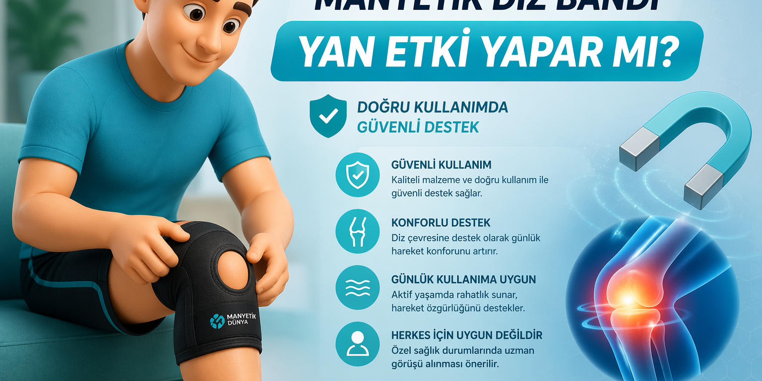 Turkuaz mavi arka planda manyetik diz bandı takan orta yaşlı 3D erkek karakter, diz desteği ve güvenli kullanım temasını gösteren sağlık odaklı blog görseli