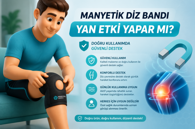 Manyetik Diz Bandı Yan Etki Yapar mı? Güvenli Kullanım Rehberi Turkuaz mavi arka planda manyetik diz bandı takan orta yaşlı 3D erkek karakter, diz desteği ve güvenli kullanım temasını gösteren sağlık odaklı blog görseli