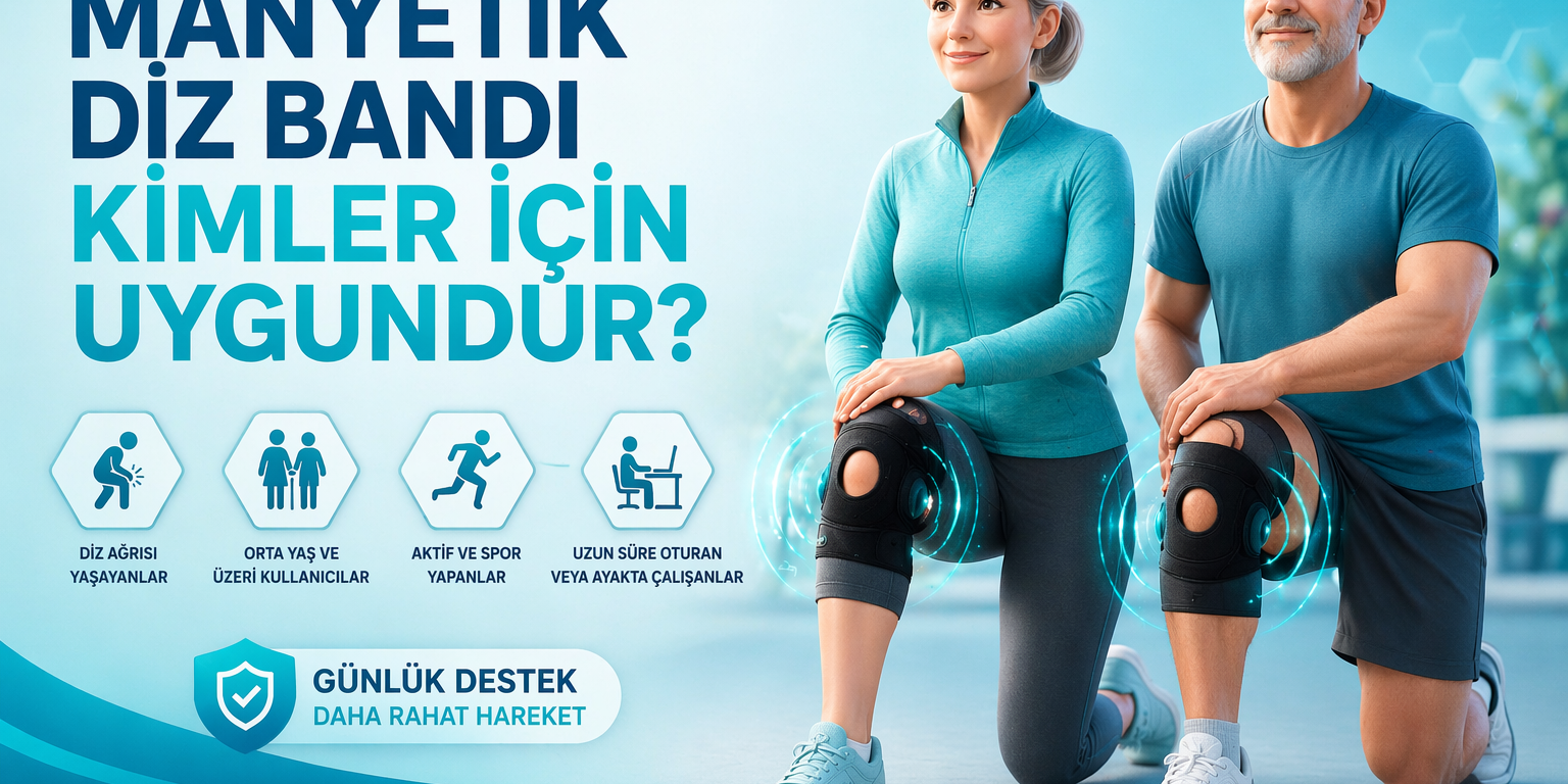urkuaz mavi arka planda manyetik diz bandı takan orta yaşlı erkek ve kadın 3D karakterler, diz desteği ve günlük rahat hareket temasını gösteren sağlık görseli