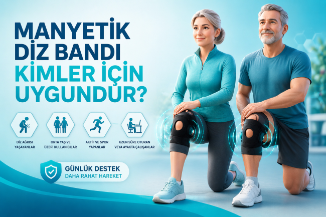 Manyetik Diz Bandı Kimler İçin Uygundur? Diz Desteği İçin Doğru Kullanıcı Rehberi urkuaz mavi arka planda manyetik diz bandı takan orta yaşlı erkek ve kadın 3D karakterler, diz desteği ve günlük rahat hareket temasını gösteren sağlık görseli