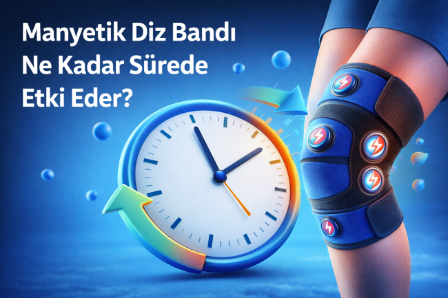 Manyetik Diz Bandı Ne Kadar Sürede Etki Gösterir? Kullanım Süreci ve Beklenen Sonuçlar Manyetik diz bandı kullanan bir kişinin diz bölgesinde rahatlama hissini gösteren, hareket kabiliyetinin arttığı ve destekleyici bandın diz çevresine sarılı olduğu sağlık temalı görsel.