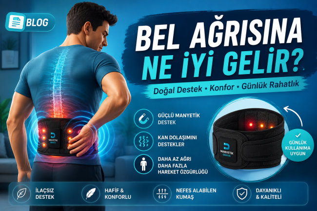 bel ağrısınane iyi gelir bel ağrısına ne iyi gelir sorusuna yönelik 5 doğal çözüm yolunu ve manyetik terapi etkisini gösteren turkuaz mavi renkli blog görseli
