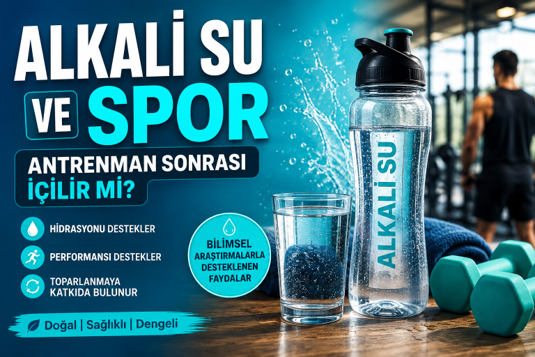 Alkali su ve spor hakkında bilgi veren, antrenman sonrası su tüketimini gösteren sporcu ve alkali su görseli