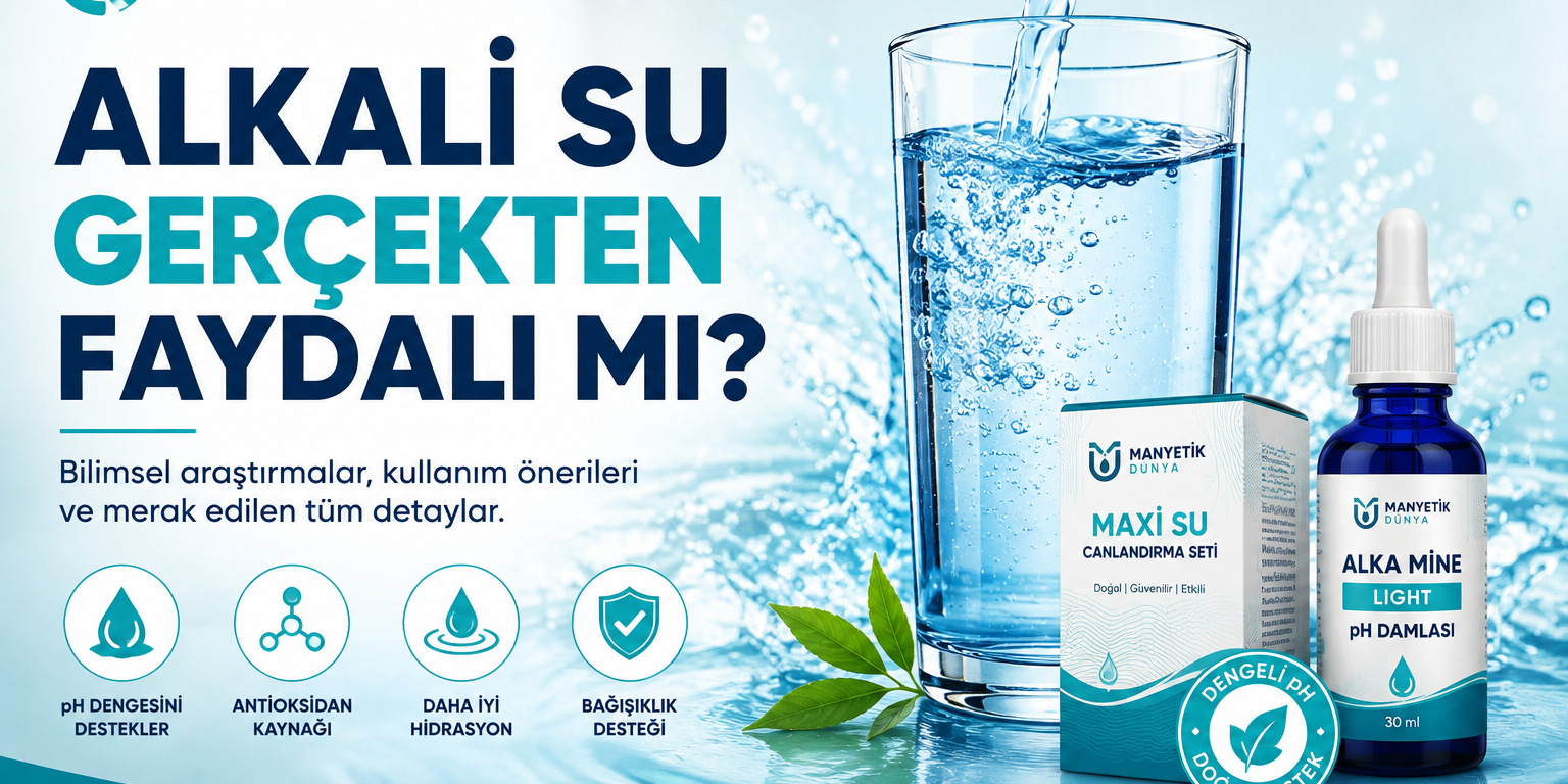 Alkali Su Gerçekten Faydalı mı? Bilimsel Bilgiler ve Kullanım Rehberi Alkali su gerçekten faydalı mı? Maxi Su Canlandırma Seti ve Alka Mine Light pH Damlası ile alkali su hakkında bilgilendirici blog kapağı.