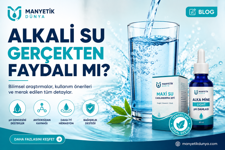 Alkali su gerçekten faydalı mı? Maxi Su Canlandırma Seti ve Alka Mine Light pH Damlası ile alkali su hakkında bilgilendirici blog kapağı.
